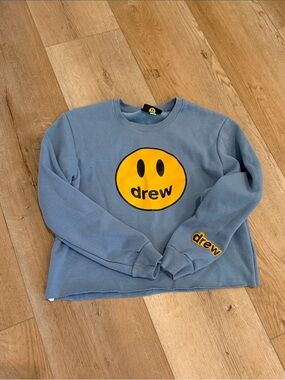 DREW House Blue Crewneck with Yellow Smiley Logo large - cropped